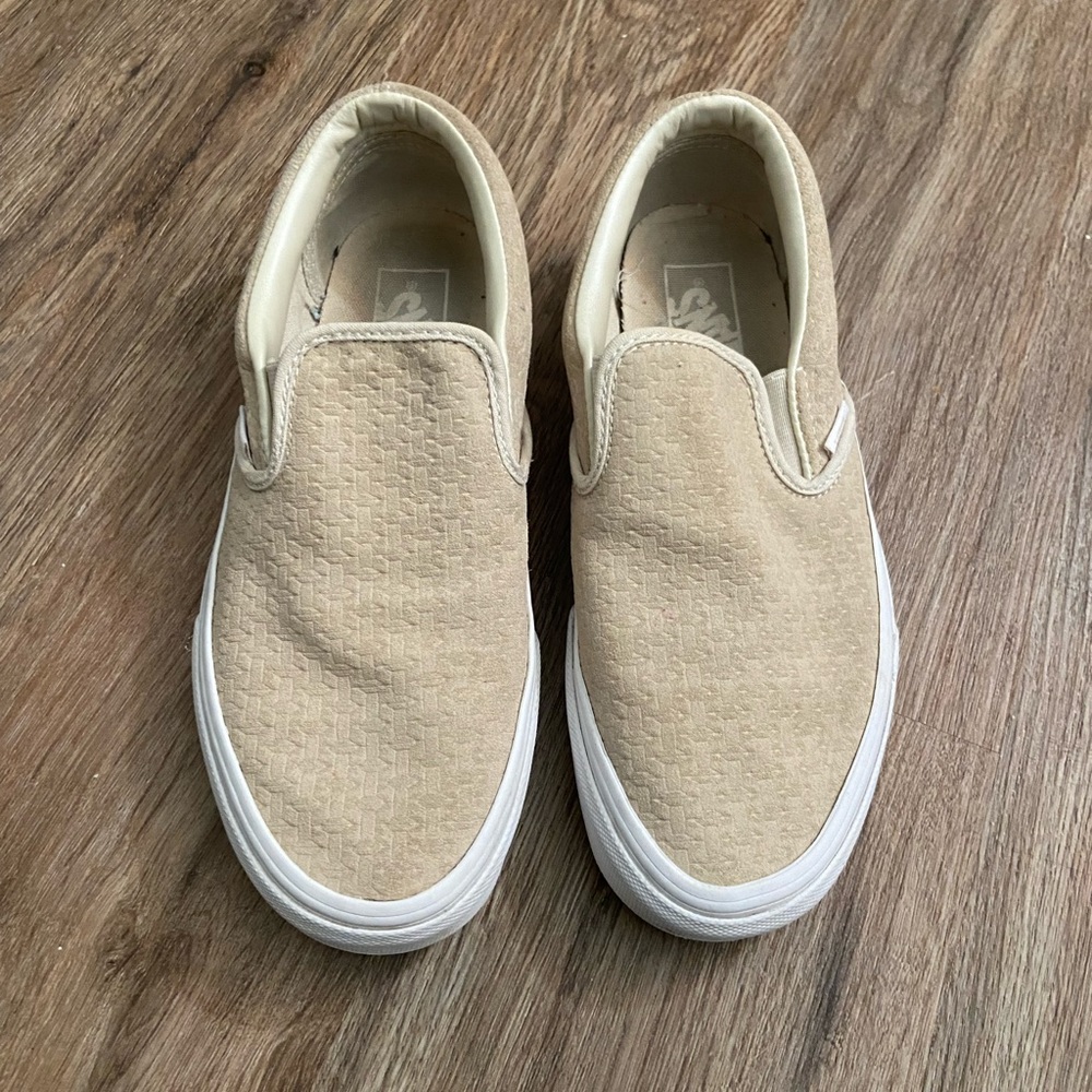 Tan woven slip on vans